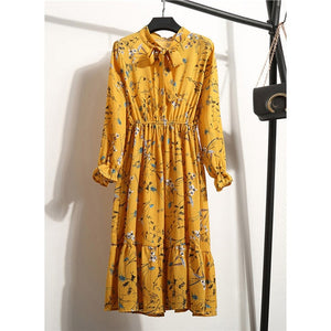 Women Casual Autumn Dress Lady Korean Style Vintage Floral Printed Chiffon Shirt Dress Long Sleeve Bow Midi Summer Dress Vestido