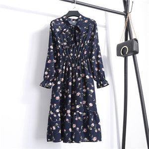 Women Casual Autumn Dress Lady Korean Style Vintage Floral Printed Chiffon Shirt Dress Long Sleeve Bow Midi Summer Dress Vestido