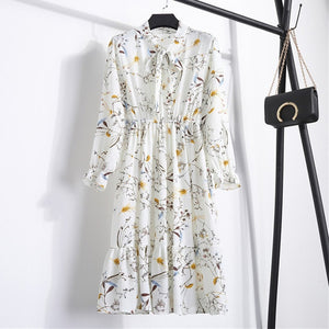 Women Casual Autumn Dress Lady Korean Style Vintage Floral Printed Chiffon Shirt Dress Long Sleeve Bow Midi Summer Dress Vestido