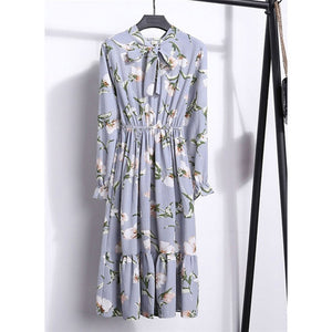 Women Casual Autumn Dress Lady Korean Style Vintage Floral Printed Chiffon Shirt Dress Long Sleeve Bow Midi Summer Dress Vestido