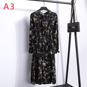 Women Casual Autumn Dress Lady Korean Style Vintage Floral Printed Chiffon Shirt Dress Long Sleeve Bow Midi Summer Dress Vestido