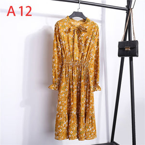 Women Casual Autumn Dress Lady Korean Style Vintage Floral Printed Chiffon Shirt Dress Long Sleeve Bow Midi Summer Dress Vestido