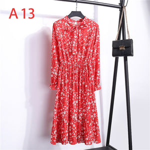 Women Casual Autumn Dress Lady Korean Style Vintage Floral Printed Chiffon Shirt Dress Long Sleeve Bow Midi Summer Dress Vestido