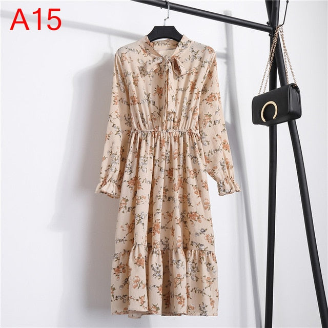 Women Casual Autumn Dress Lady Korean Style Vintage Floral Printed Chiffon Shirt Dress Long Sleeve Bow Midi Summer Dress Vestido