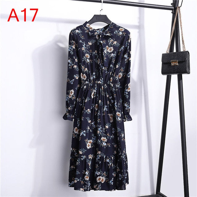 Women Casual Autumn Dress Lady Korean Style Vintage Floral Printed Chiffon Shirt Dress Long Sleeve Bow Midi Summer Dress Vestido