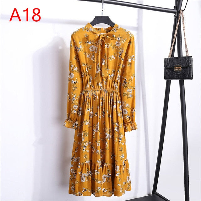 Women Casual Autumn Dress Lady Korean Style Vintage Floral Printed Chiffon Shirt Dress Long Sleeve Bow Midi Summer Dress Vestido