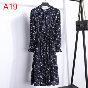 Women Casual Autumn Dress Lady Korean Style Vintage Floral Printed Chiffon Shirt Dress Long Sleeve Bow Midi Summer Dress Vestido