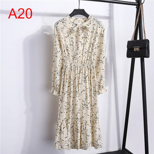 Women Casual Autumn Dress Lady Korean Style Vintage Floral Printed Chiffon Shirt Dress Long Sleeve Bow Midi Summer Dress Vestido