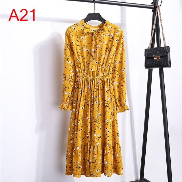 Women Casual Autumn Dress Lady Korean Style Vintage Floral Printed Chiffon Shirt Dress Long Sleeve Bow Midi Summer Dress Vestido