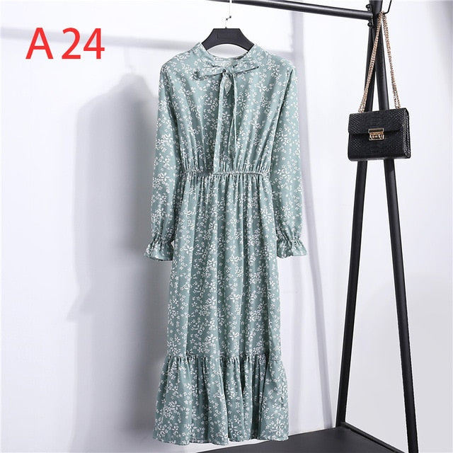 Women Casual Autumn Dress Lady Korean Style Vintage Floral Printed Chiffon Shirt Dress Long Sleeve Bow Midi Summer Dress Vestido