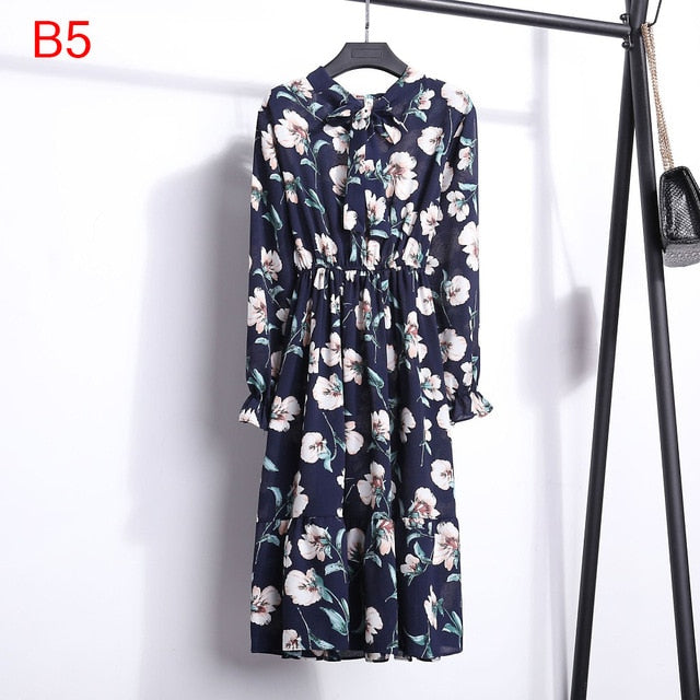 Women Casual Autumn Dress Lady Korean Style Vintage Floral Printed Chiffon Shirt Dress Long Sleeve Bow Midi Summer Dress Vestido