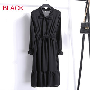 Women Casual Autumn Dress Lady Korean Style Vintage Floral Printed Chiffon Shirt Dress Long Sleeve Bow Midi Summer Dress Vestido