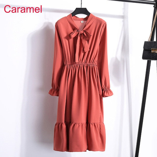 Women Casual Autumn Dress Lady Korean Style Vintage Floral Printed Chiffon Shirt Dress Long Sleeve Bow Midi Summer Dress Vestido