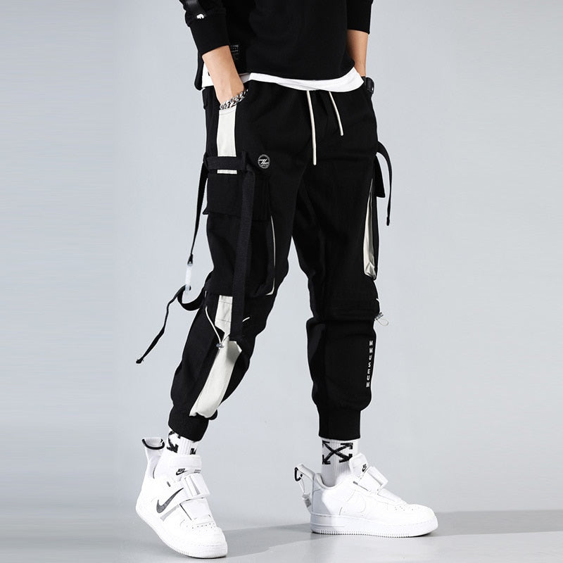 Cargo Pants Joggers Men Black Harem Pants Multi-pocket Ribbons Man Sweatpants Streetwear Casual Pants Elastic waist Male Trouser