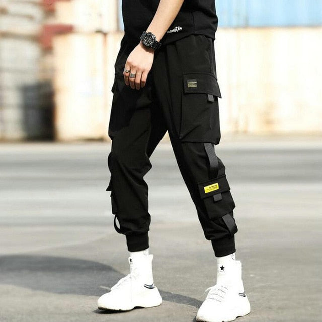 Cargo Pants Joggers Men Black Harem Pants Multi-pocket Ribbons Man Sweatpants Streetwear Casual Pants Elastic waist Male Trouser