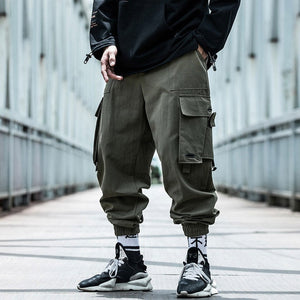 Cargo Pants Joggers Men Black Harem Pants Multi-pocket Ribbons Man Sweatpants Streetwear Casual Pants Elastic waist Male Trouser