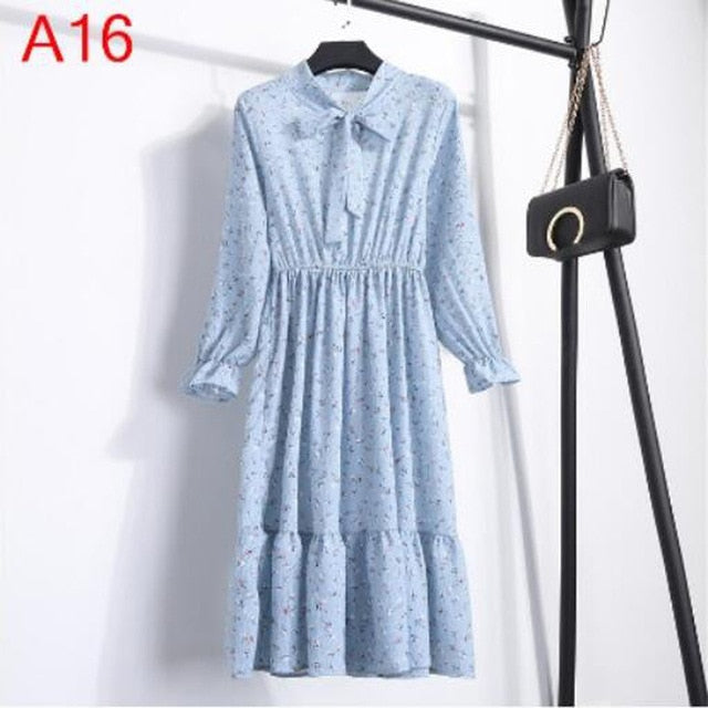 Women Casual Autumn Dress Lady Korean Style Vintage Floral Printed Chiffon Shirt Dress Long Sleeve Bow Midi Summer Dress Vestido