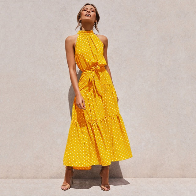 Summer Long Dress Polka Dot Casual Dresses Black Sexy Halter Strapless New 2020 Yellow Sundress Vacation Clothes For Women