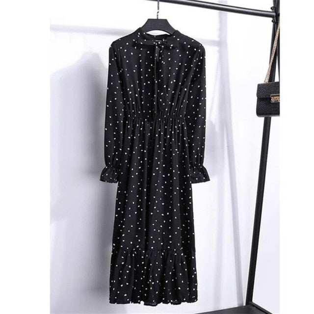 Women Casual Autumn Dress Lady Korean Style Vintage Floral Printed Chiffon Shirt Dress Long Sleeve Bow Midi Summer Dress Vestido